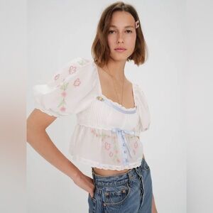 For Love And Lemons Carrington White Floral Puff Sleeve Blouse
